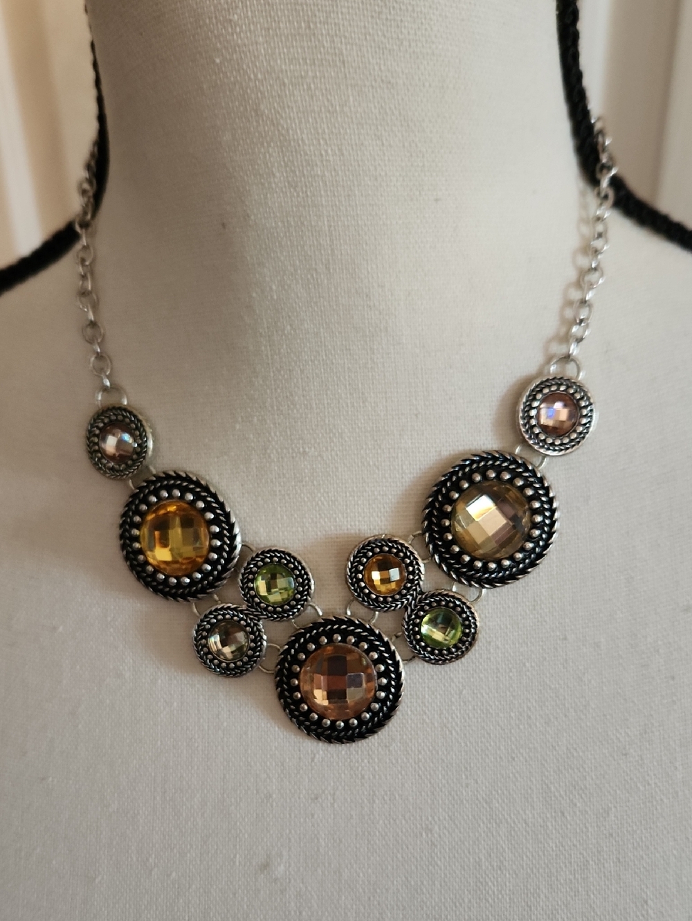 Premier Designs Silver-Tone Necklace with Amber & Light Green Stones